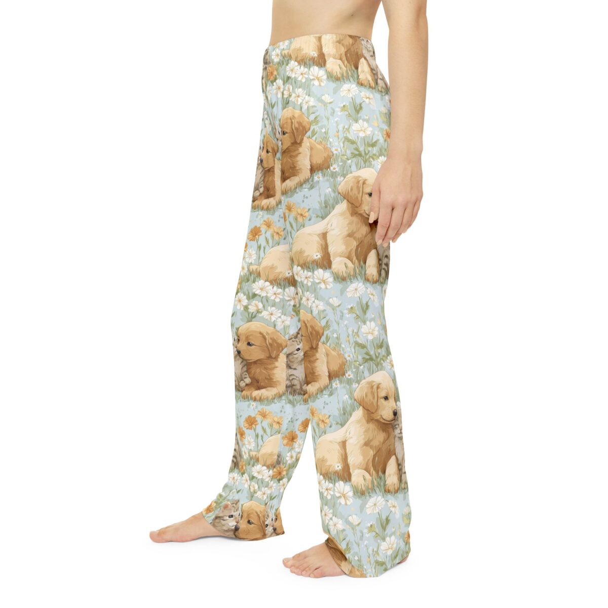 Golden retriever puppies and kittens among daisies, all over print sublimation pajama pants with seamless wrap around graphic.