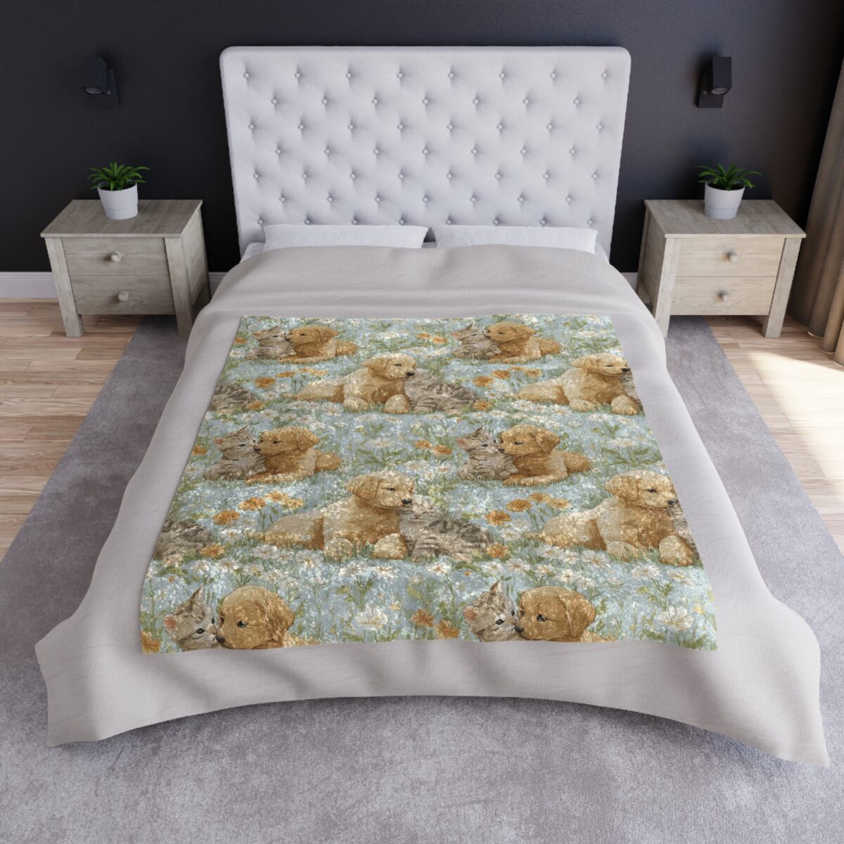 Golden retriever puppy and tabby kitten napping in a field of daisies and wildflowers on this charming all over print fleece blanket.