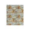 All over print golden retriever puppy and kitten graphic design on a light blue floral background with white and orange flowers.