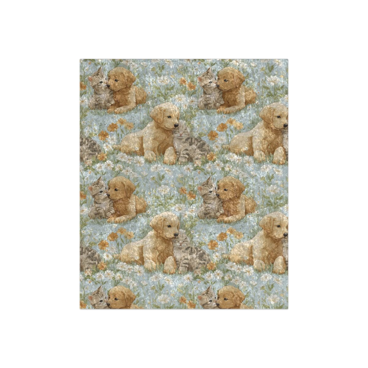 All over print golden retriever puppy and kitten graphic design on a light blue floral background with white and orange flowers.