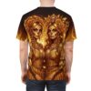 Golden sugar skull women in ornate dresses with floral and skull crowns, fire background all over print sublimation tee.