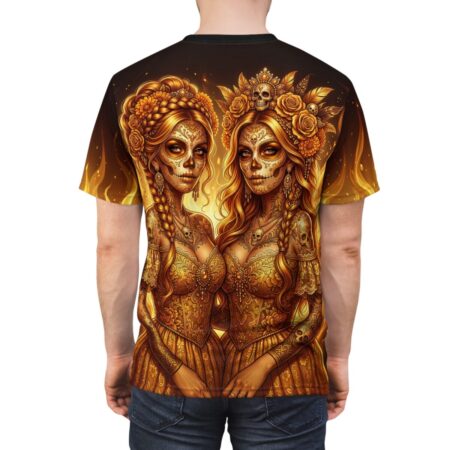 Golden sugar skull women in ornate dresses with floral and skull crowns, fire background all over print sublimation tee.