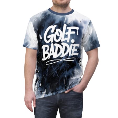 Golf Baddie all over print sublimation tee with abstract dark blue and white paint splatter design.