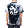 All over print sublimation tee featuring white 'Golf. Baddie' graffiti on a dark abstract paint splatter graphic.