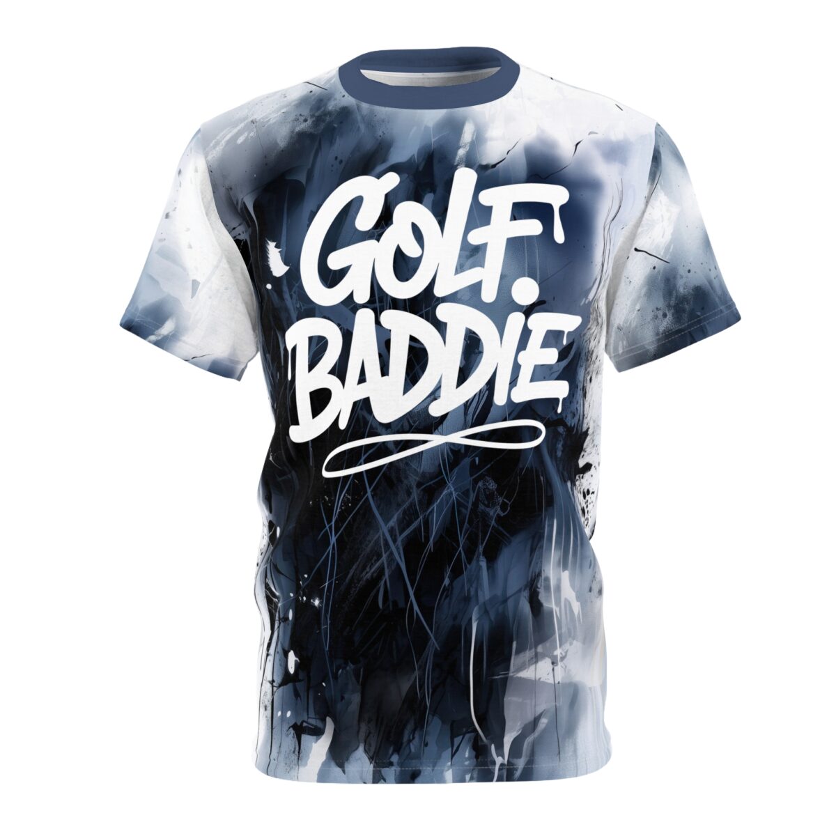 Graffiti-style white 'Golf. Baddie' text on an all-over print sublimation tee with black and white abstract paint splatter.