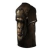 Cyberpunk gorilla face all over print sublimation tee with intricate gold circuit board details and wood texture.