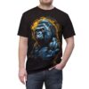 Black graphic t-shirt featuring a powerful blue gorilla with yellow eyes and a circular yellow background.