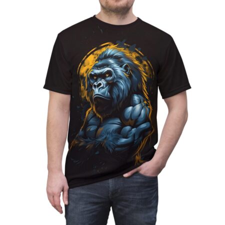 Black graphic t-shirt featuring a powerful blue gorilla with yellow eyes and a circular yellow background.