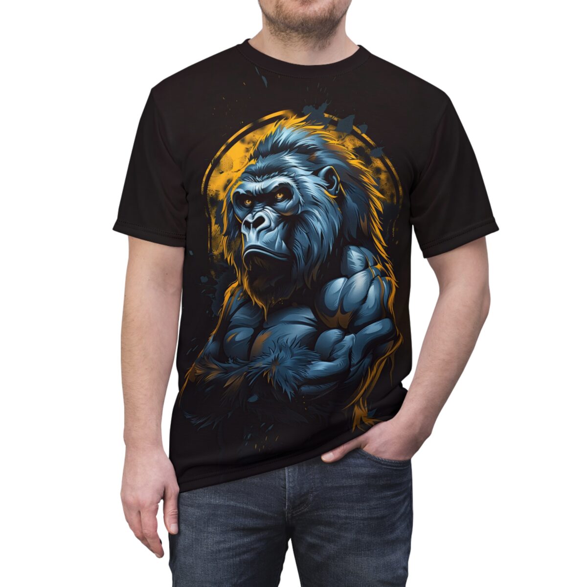 Black graphic t-shirt featuring a powerful blue gorilla with yellow eyes and a circular yellow background.
