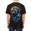 Black t-shirt with a powerful blue gorilla graphic and a yellow sunburst background, featuring intense yellow eyes and muscular arms crossed.