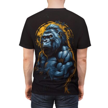 Black t-shirt with a powerful blue gorilla graphic and a yellow sunburst background, featuring intense yellow eyes and muscular arms crossed.