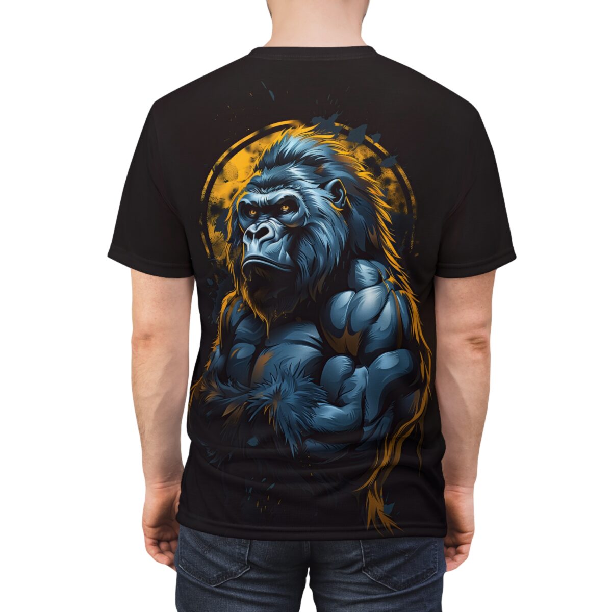 Black t-shirt with a powerful blue gorilla graphic and a yellow sunburst background, featuring intense yellow eyes and muscular arms crossed.