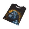 Black graphic t-shirt featuring a powerful gorilla portrait with blue and yellow tones and a grunge aesthetic.