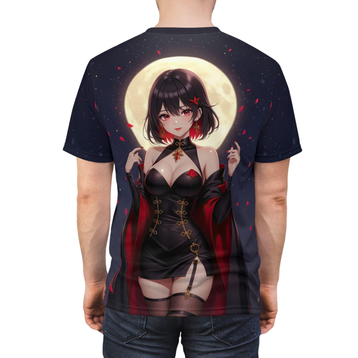 Gothic anime girl with red accents and dark dress under a full moon, all over print sublimation tee.