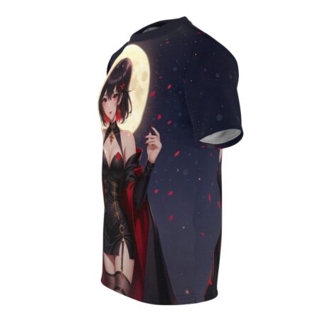 Gothic anime girl with red accents and moon graphic on a dark all over print t-shirt.