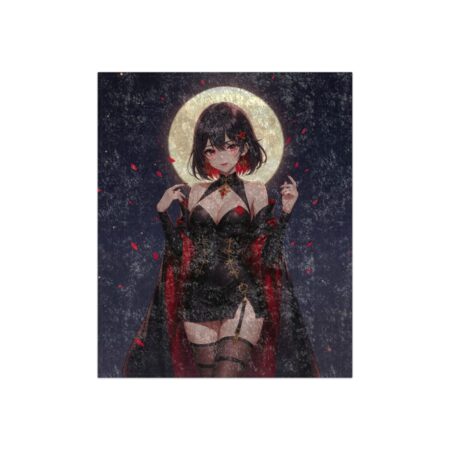 Gothic anime girl in a black dress and red cape stands before a large moon, featuring red accents and dark, starry background.