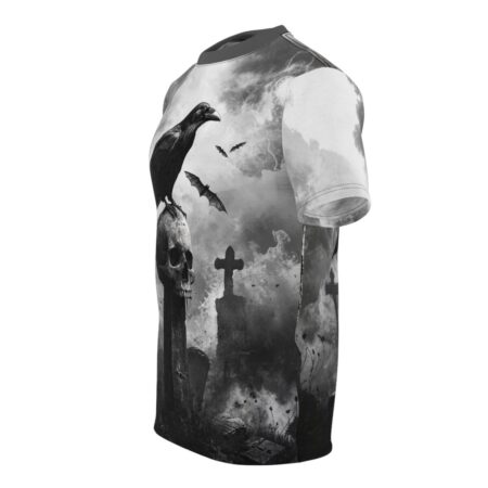 All over print graphic t-shirt featuring a gothic raven perched on a skull, with bats flying near gravestones and a cross in a cloudy graveyard.