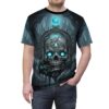 Cyber grunge all over print sublimation tee showcasing a gothic skull with glowing blue eyes and a third eye.