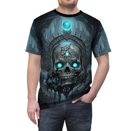 Cyber grunge all over print sublimation tee showcasing a gothic skull with glowing blue eyes and a third eye.