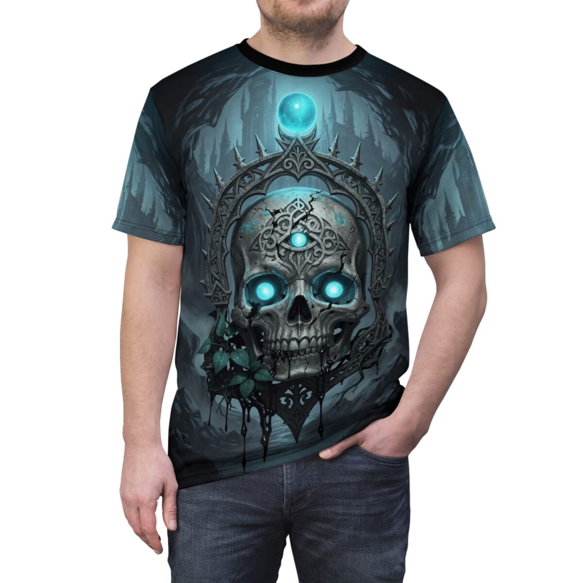 Cyber grunge all over print sublimation tee showcasing a gothic skull with glowing blue eyes and a third eye.