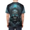 Gothic skull sublimation tee with glowing blue eyes and an ancient crown graphic, featuring a dark forest backdrop.