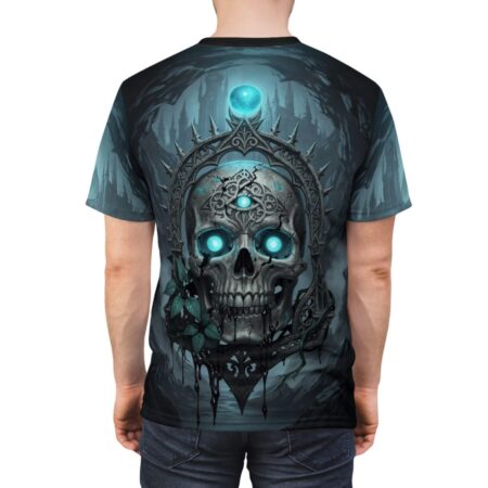Gothic skull sublimation tee with glowing blue eyes and an ancient crown graphic, featuring a dark forest backdrop.