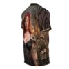 Women's sublimation tee with gothic skull forest all over print and a woman with skull tattoos. Streetwear aesthetic.