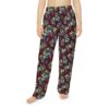 Burgundy pajama pants with a repeating green grapevine and purple grape cluster pattern, seamless sublimation print.