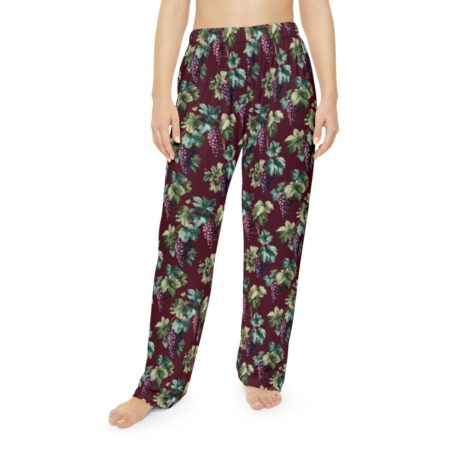 Burgundy pajama pants with a repeating green grapevine and purple grape cluster pattern, seamless sublimation print.