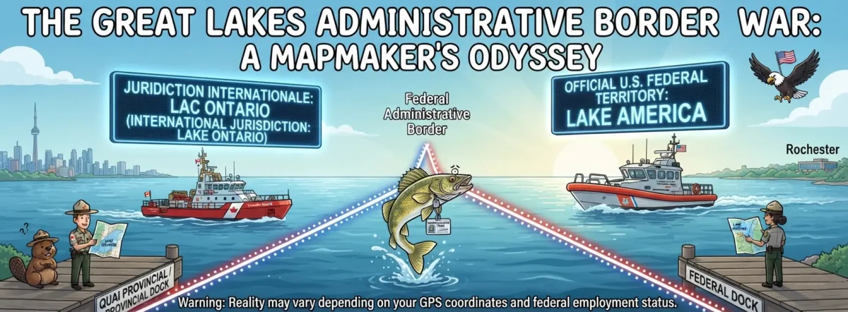 Great Lakes Administrative Border War Mapmaker's Odyssey cartoon art depicts a walleye fish with ID badge caught between US and Canadian territories.