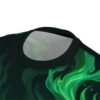Green fire all over print sublimation tee featuring vibrant flames and subtle sparks. This wrap around graphic offers a striking streetwear aesthetic.