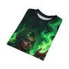 All over print women's sublimation tee featuring a skull face woman with green hair surrounded by green fire and flames.