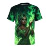 Green fire sublimation tee featuring a sugar skull woman with intricate face paint, floral tattoos, and an ornate dress, surrounded by green flames.