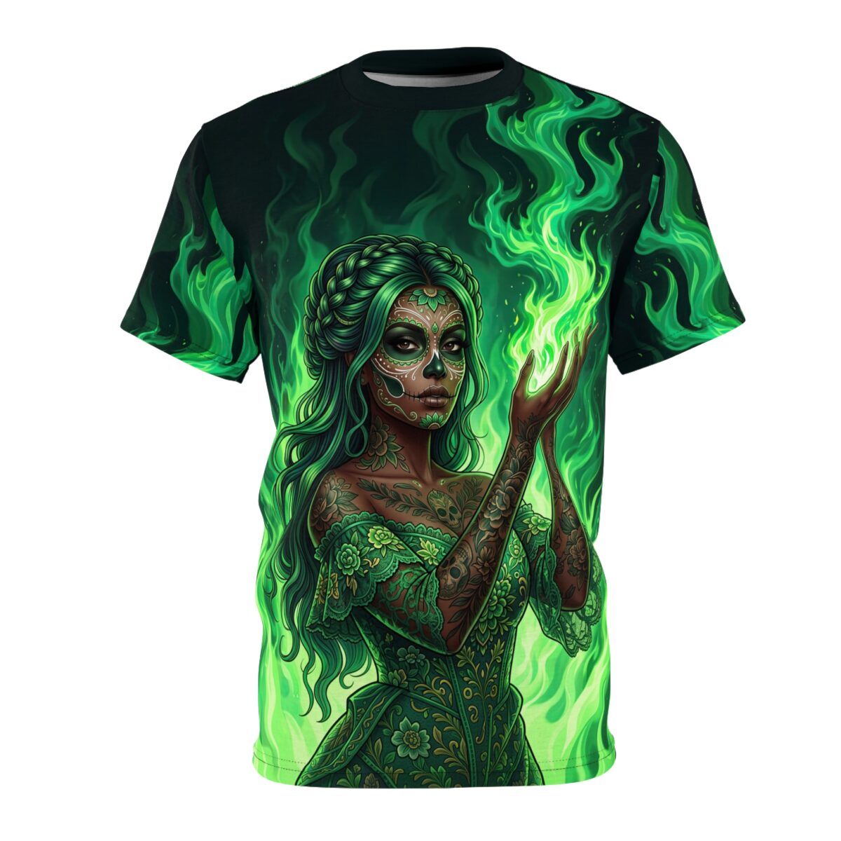 Green fire sublimation tee featuring a sugar skull woman with intricate face paint, floral tattoos, and an ornate dress, surrounded by green flames.