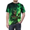 All over print sublimation tee with green fire and skull face woman graphic. Streetwear aesthetic wrap around design.