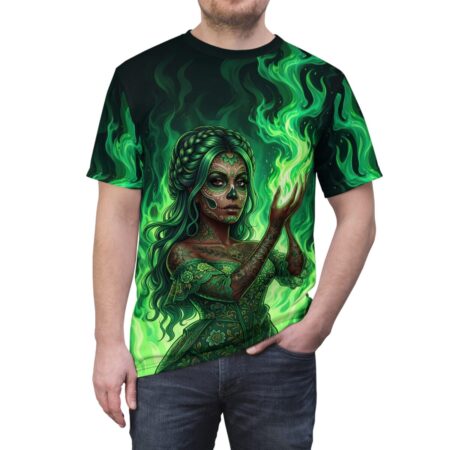 All over print sublimation tee with green fire and skull face woman graphic. Streetwear aesthetic wrap around design.