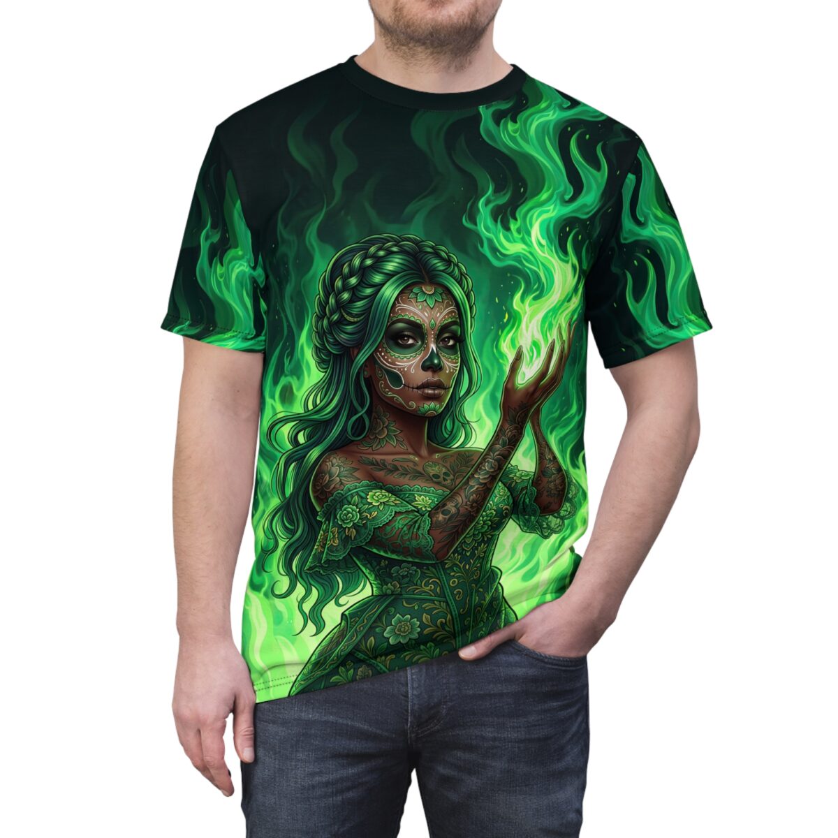 All over print sublimation tee with green fire and skull face woman graphic. Streetwear aesthetic wrap around design.