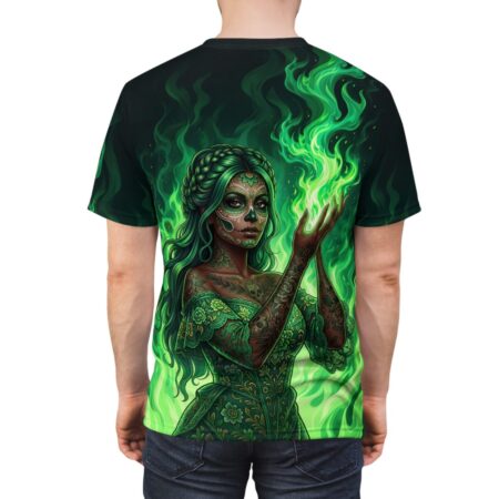Green fire witch with intricate sugar skull face paint and flowing green hair, all over print sublimation tee.