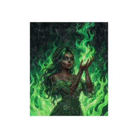 Green flame sorceress with intricate tattoos and sugar skull makeup, holding green fire.
