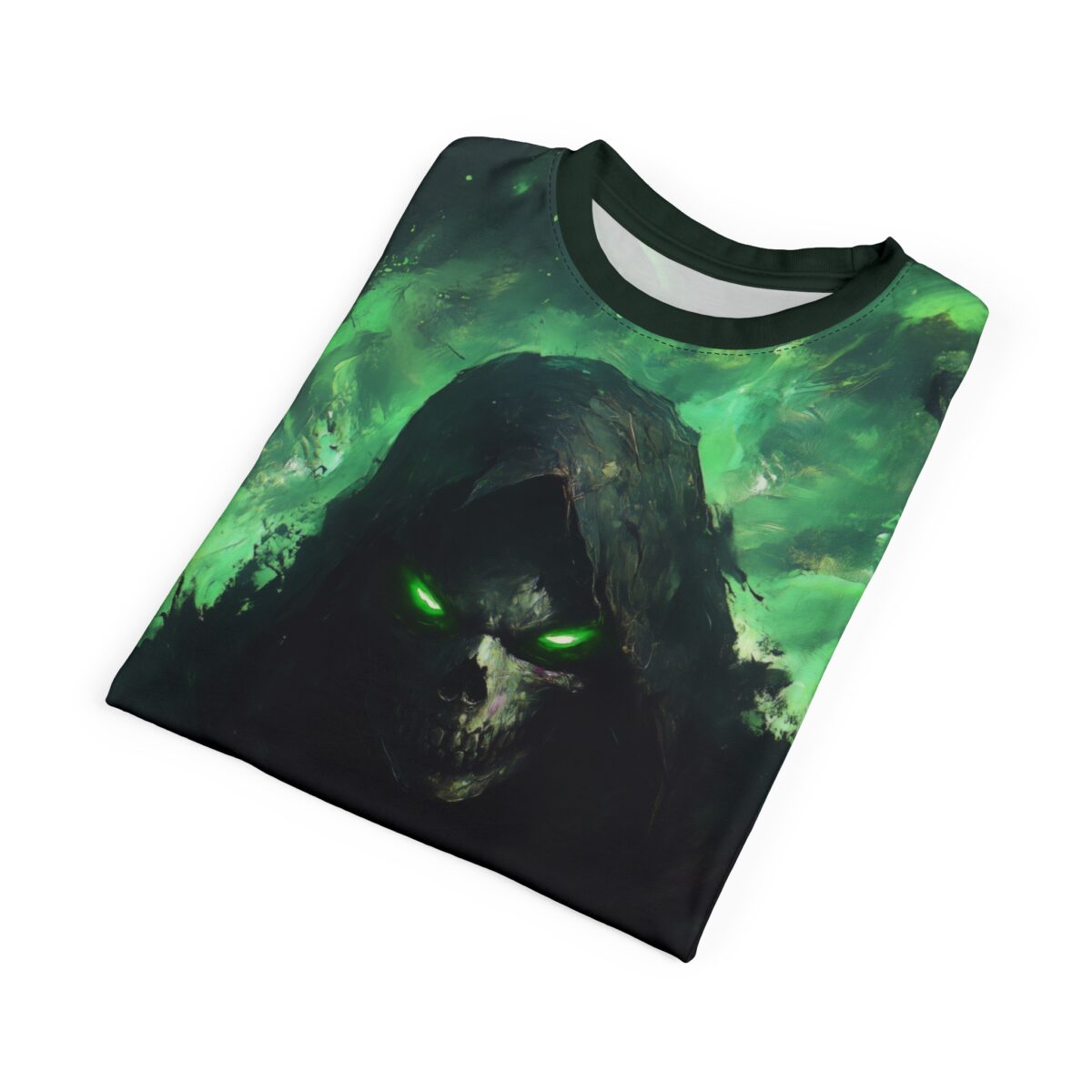 Cyber grunge skull graphic all-over print sublimation tee featuring glowing green eyes and dark ethereal smoke motifs.