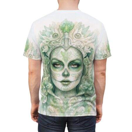 Green sugar skull all over print sublimation tee featuring an intricate day of the dead floral motif.