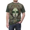 Green and gold all over print sublimation tee featuring a detailed sugar skull woman with peacocks and floral motifs.