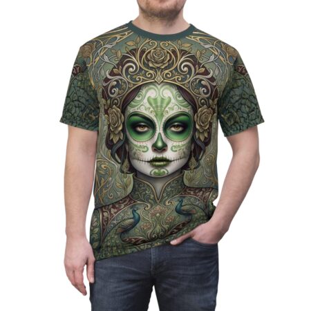Green and gold all over print sublimation tee featuring a detailed sugar skull woman with peacocks and floral motifs.
