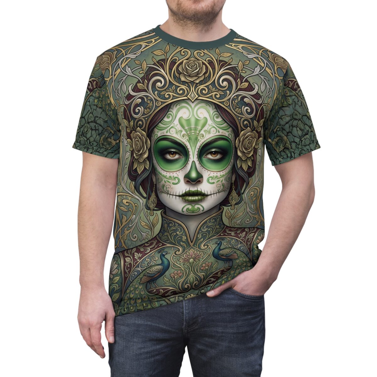 Green and gold all over print sublimation tee featuring a detailed sugar skull woman with peacocks and floral motifs.