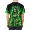 All over print sublimation tee featuring a green-hued sugar skull woman in a detailed dress surrounded by flames and roses.