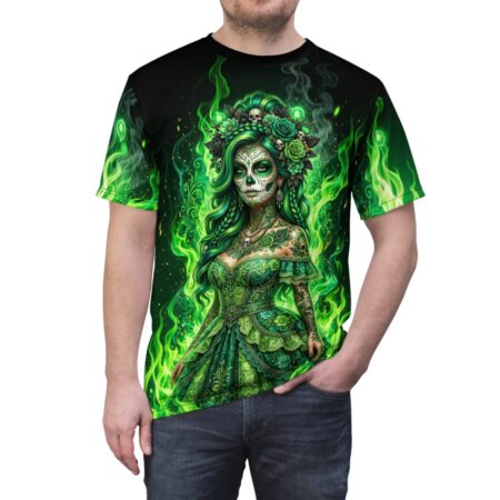 All over print sublimation tee with a green sugar skull woman, floral skull crown, and glowing green flames. Cyber grunge aesthetic graphic.