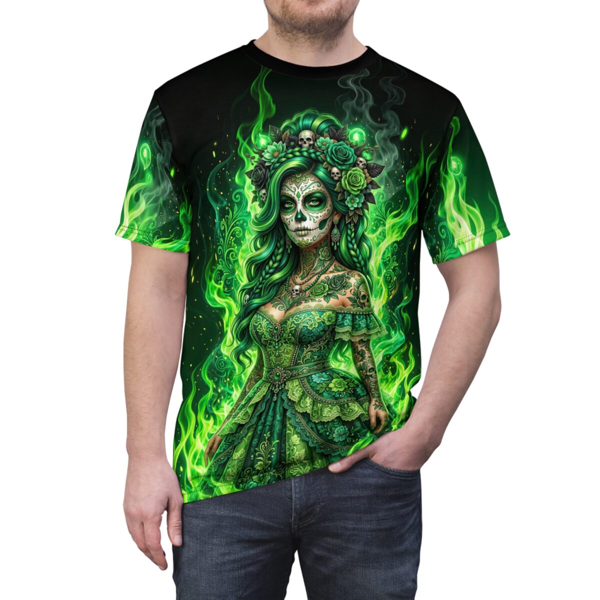 All over print sublimation tee with a green sugar skull woman, floral skull crown, and glowing green flames. Cyber grunge aesthetic graphic.