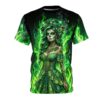 Green sublimation tee featuring an all-over print of a sugar skull woman with ornate dress and fiery green flames.