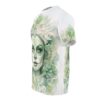 Green sugar skull woman watercolor sublimation tee with floral accents, full wrap around graphic.