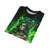Green sugar skull woman all over print sublimation tee with floral and skull accents, surrounded by vibrant green flames and smoke.